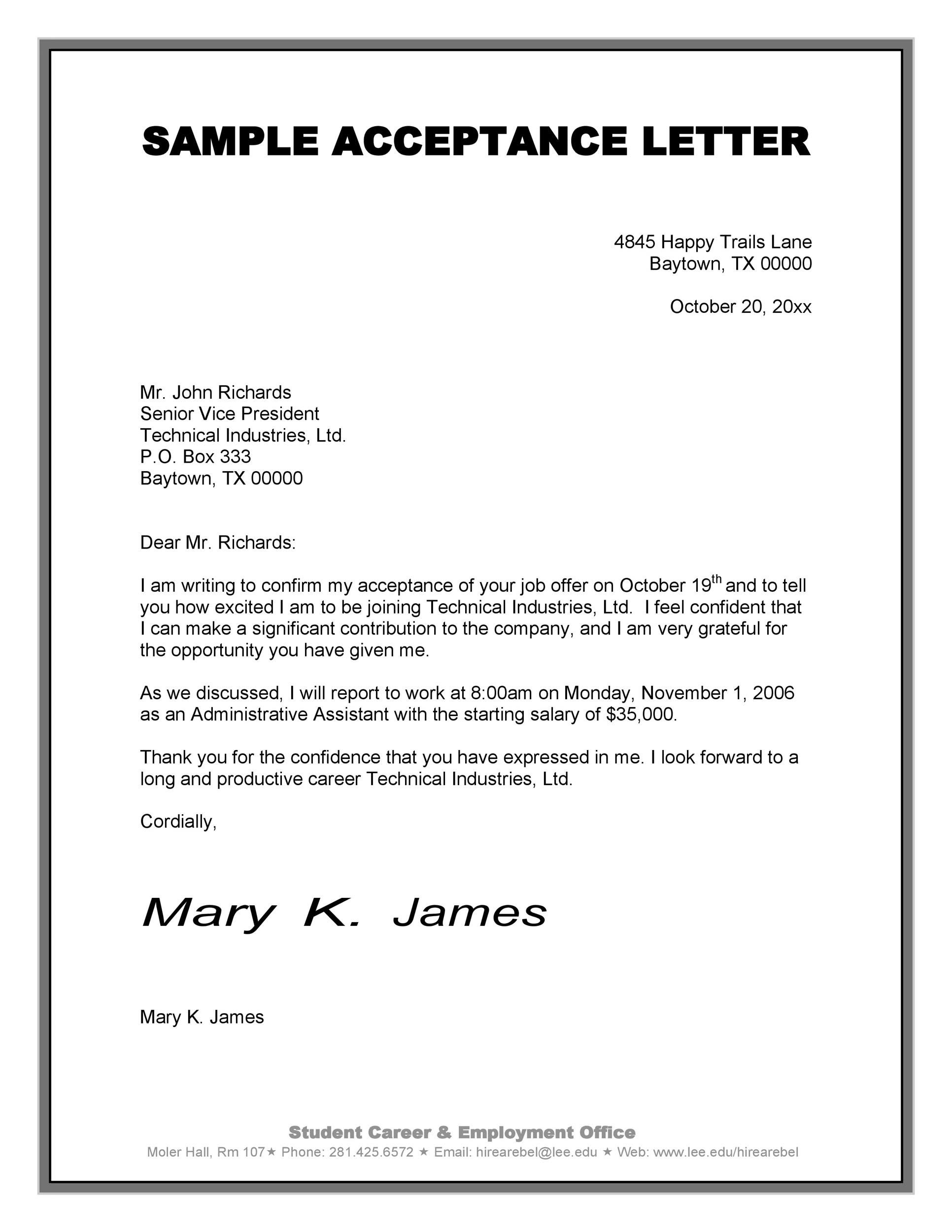 writing a job acceptance letter With Regard To Acceptance Card Template