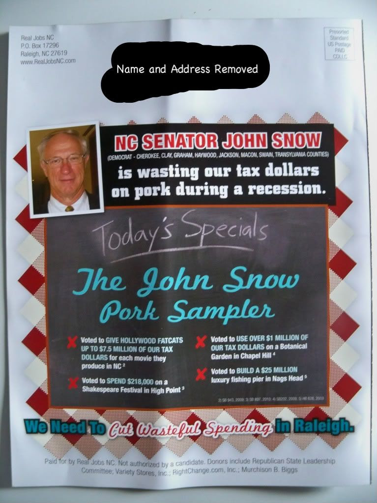 Page Four of Real Jobs NC mailer attacking John Snow. Photo by Bobby Coggins