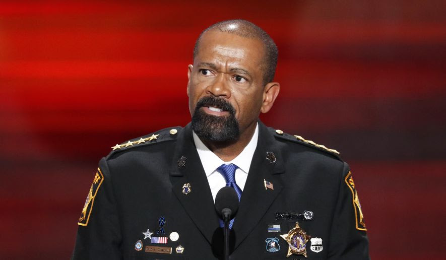David Clarke, Sheriff of Milwaukee County, Wis., speaks during the opening day of the Republican National Convention in Cleveland, Monday, July 18, 2016. (AP Photo/J. Scott Applewhite)