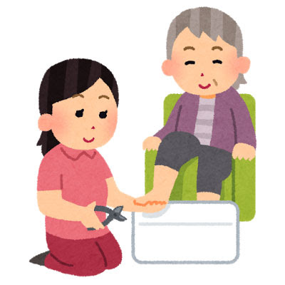 無料素材 おばあさんの爪切りをする介護施設のヘルパーのイラスト