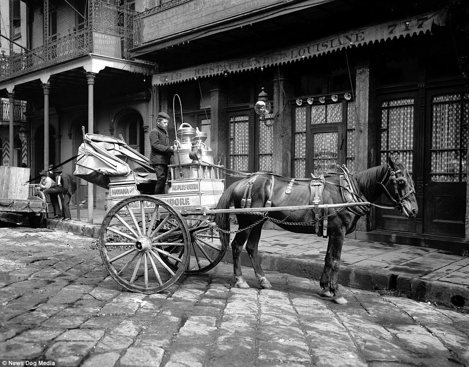 A New Orleans milk cart, circa 1903. The French colony of La Nouvelle-Orléans was ceded to the Spanish empire in 1763 and remained Spanish until the beginning of the 19th century. Nearly all of the architecture in the famous French Quarter was built in this period
