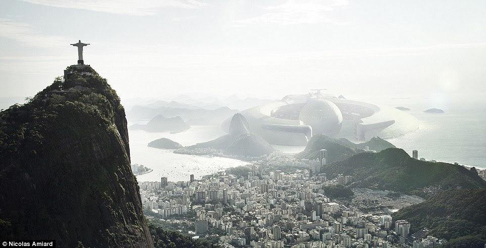 By manipulating the colours of the ships, Amiard is able to seamlessly blend them into the background of the destinations. In Rio, a trade federation ship is parked in the shadow of Christ the Redeemer