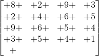 \begin{bmatrix} 8 & 2 & 9 & 3\\ 2 & 4 & 6 & 5\\ 9 & 6 & 5 & 4\\ 3 & 5 & 4 & 1\\ \end{bmatrix}