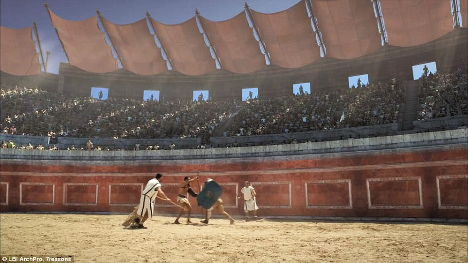 A virtual reality recreation of a gladiator fight inside in the amphitheatre, where thousands of spectators would go to see gladiators fight to the death 