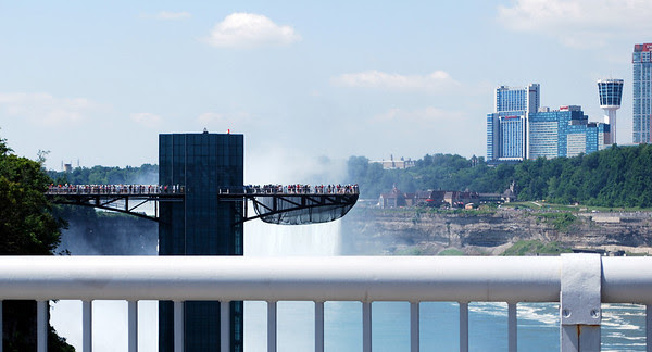 A view to the observation tower on the NY side of Niagara Falls while sitting in the car on the Rainbow Bridge