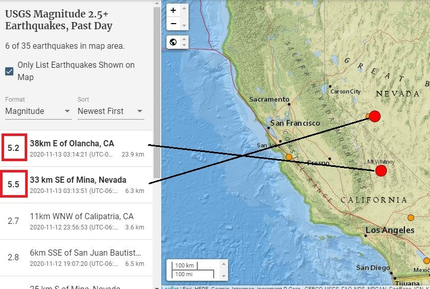 2 σεισμοί έπληξαν την Καλιφόρνια και τη Νεβάδα μέσα σε δευτερόλεπτα στις 13 Νοεμβρίου 2020