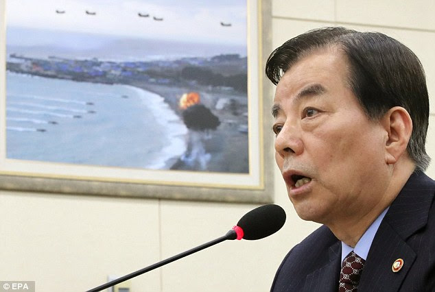South Korea officials said Monday that four missiles were fired from Tongchang County in North Pyongan province, travelling about 620 miles. Pictured: South Korean Defense Minister Han Min-koo