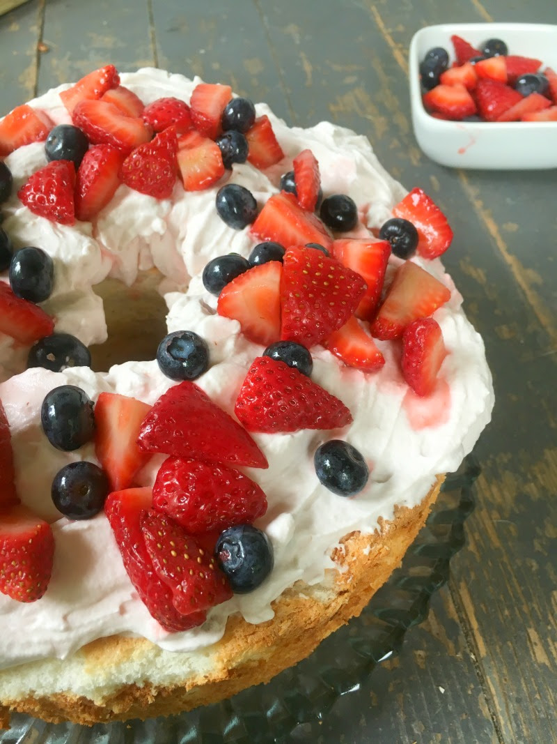 Angel Food Cake with Yogurt Cream and Fresh Strawberries and Blueberries