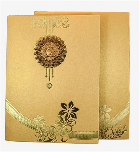 Hindu Wedding Card in Golden with Floral Design & Ganesha Hindu Wedding Card in Golden with Floral Design & Ganesha