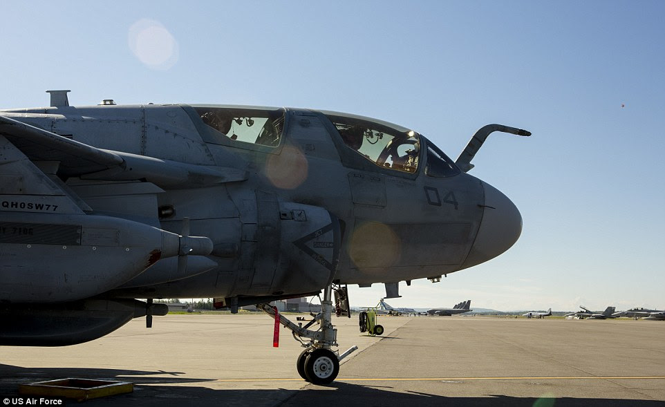 On the prowl: A U.S. Marine Corps EA-6B Prowler with Marine Tactical Electronic Warfare Squadron 2 sits on the flight line during NE15