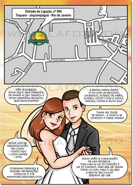 Convite em quadrinhos, convite original, convite história noivos, convite divertido, by ila fox