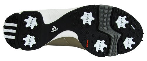 Underside of a golf shoe, showing the spikes