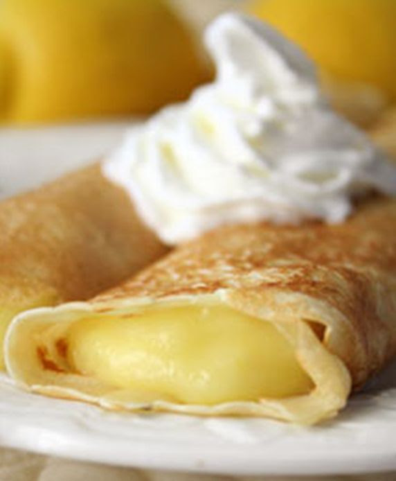 Lemon Crepes--recipe for the crepes and the lemon curd.  Top with whipped cream.