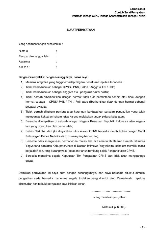 Contoh Surat Pernyataan Tidak Berkedudukan Sebagai Cpns Contoh Surat