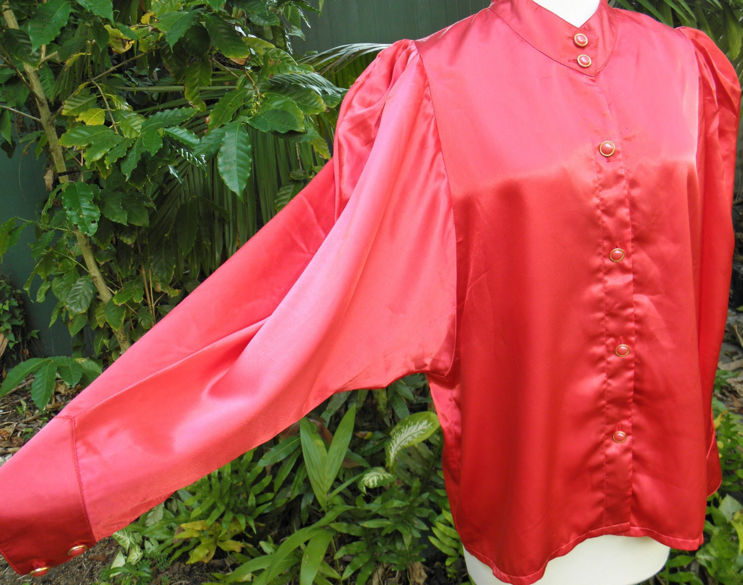 Cherry Red Vintage 1980s Ladies Satin Shirt with red & gold Buttons Size M 12-14