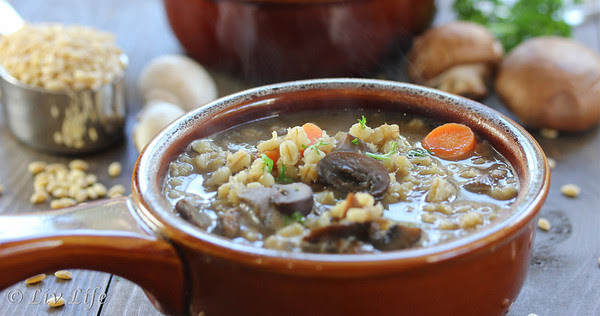 Beef and Barley Soup with Mushrooms in a brown bowl