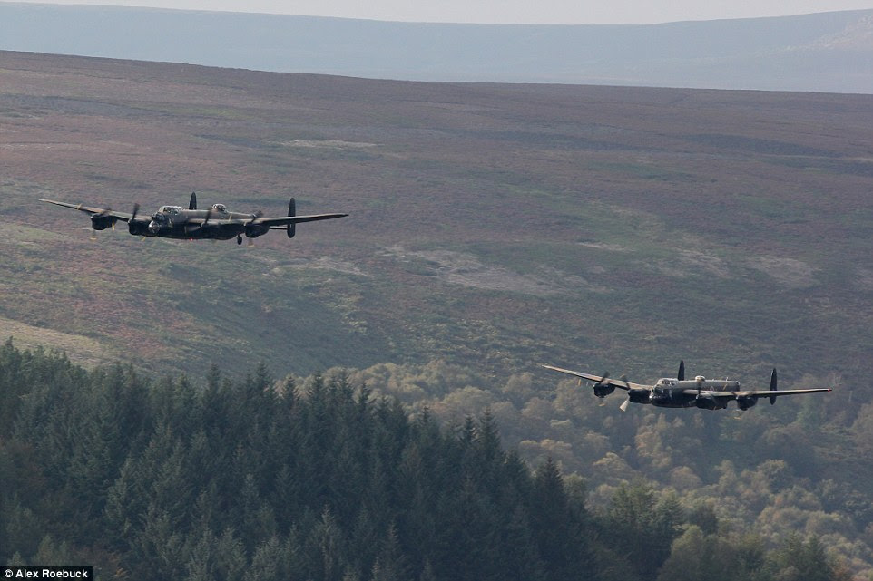 The aircraft swooped over the Derwent Dam in Derbyshire three times this afternoon - the same area where crew members trained before raid in May 1943