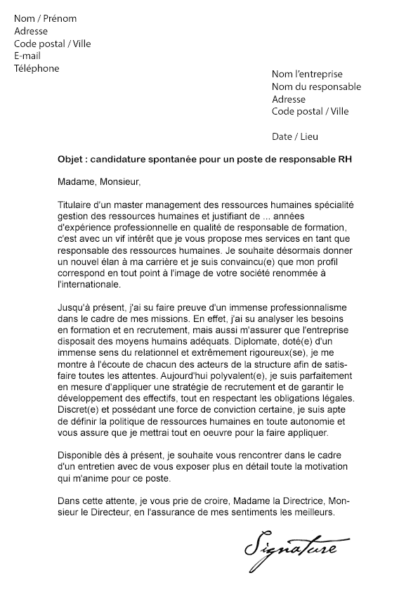 Service Des Ressources Humaines Lettre De Motivation  Exemple de Lettre
