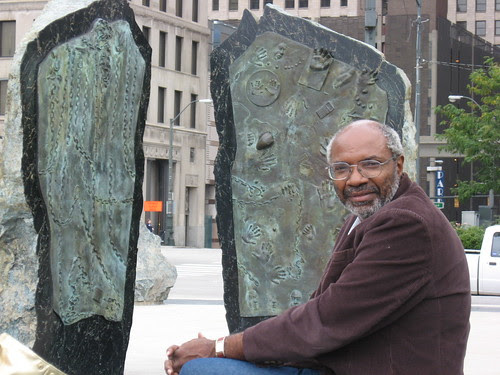 Abayomi Azikiwe, editor of the Pan-African News Wire, sitting at the Labor Monument in Hart Plaza in downtown Detroit on September 27, 2008. (Photo: Alan Pollock). by Pan-African News Wire File Photos