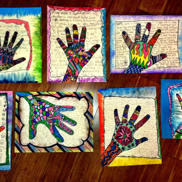LOVE! Self portrait hand prints - dewestudio lesson Have the students write about their year.  What did they think __grade was going to be like, what was it really like? How have they grown? What new things about themselves did they learn?  Fill the hands with patterns and the background with their writing.