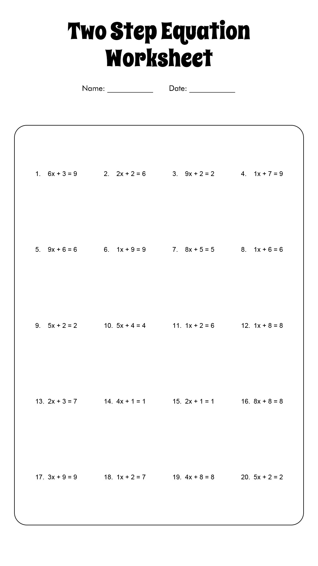 Free worksheets for linear equations grades 23, prealgebra, algebra 23 For Writing Two Step Equations Worksheet