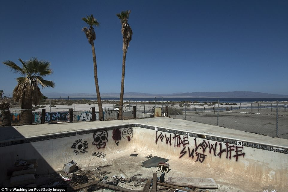 Many abandoned and decrepit buildings are visible in many of the communities surrounding the Salton Sea. Pictured above is what used to be a swimming pool that is now filled with junk and the walls are covered in graffiti  