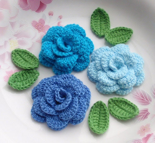 3 Crochet Flowers (Roses) With Leaves YH - 142-03 - YHcrochet 3 Crochet Flowers (Roses) With Leaves YH - 142-03 - YHcrochet