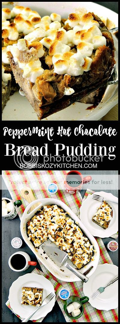 Peppermint Hot Chocolate Bread Pudding is rich, and creamy, and loaded with you favorite holiday flavors from www.bobbiskozykitchen.com