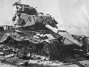 English: An Israeli M60 Patton destroyed in th...