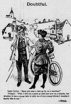 "Doubtful" - Lady Cyclist cartoon (1895)