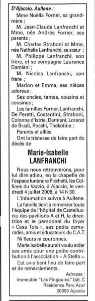 Décès Lanfranchi Marie Isabelle