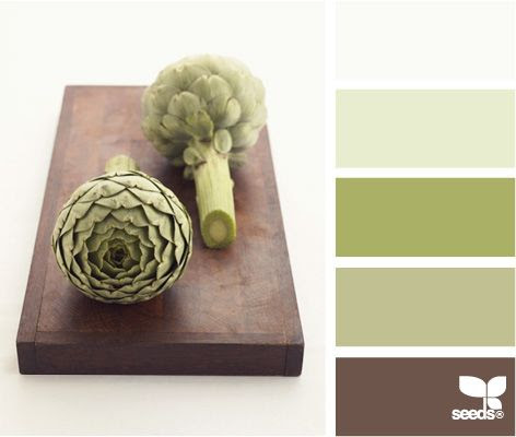 http://www.pinterest.com/pin/55028426669023780/ artichoke hues - they have lots of other color collections too - maybe if I brought some plum in, I could keep with the green and still feel like a new color scheme!