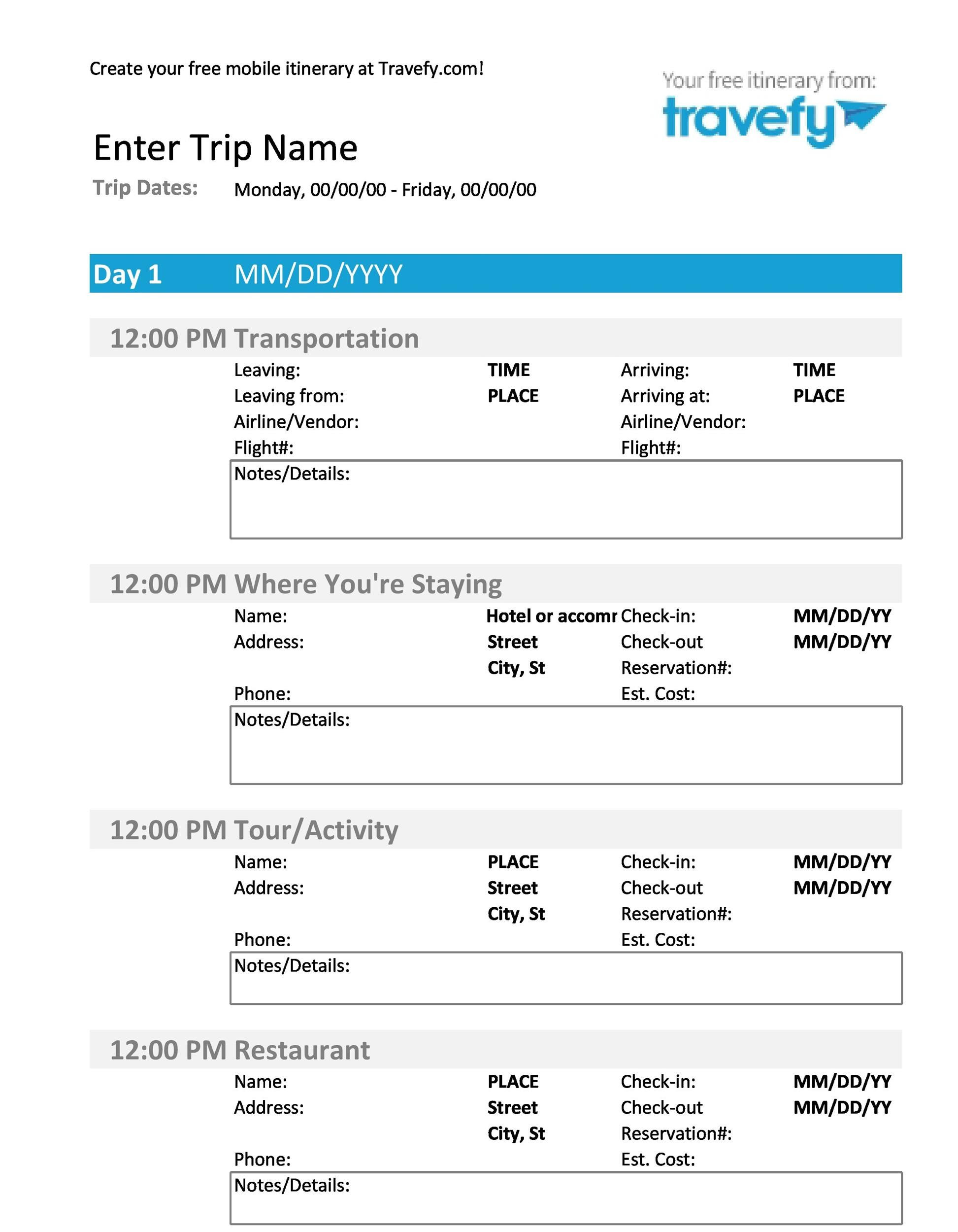 Trip Itinerary Template Word | HQ Printable Documents