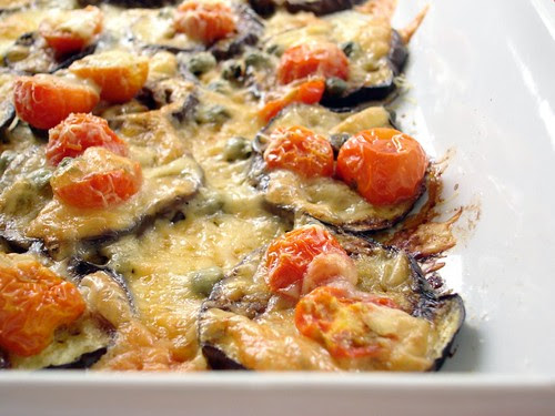 Grilled eggplant with tomatoes and cheese