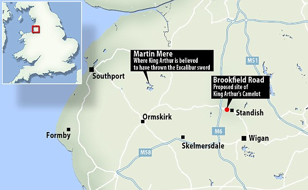 Robb claims the precise location of Camelot was at the end of Brookfield Road, in the village of Standish, marked right. The cul-de-sac is near Martin Mere, marked left, the lake in which local legend claims the sword Excalibur was thrown