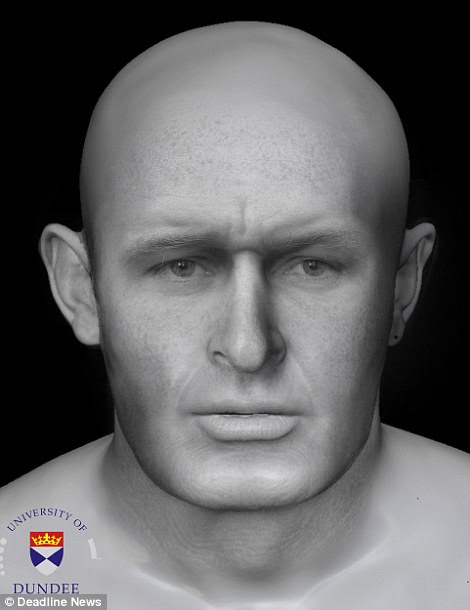 Pictured is the 3D facial reconstruction process. A computer program manipulates scanned photographs of skeleton to produce a model of what the muscles around may have looked like. From there, layers are added to provide the idea of the face shape and features. Researchers have described this young man as 'strikingly handsome'