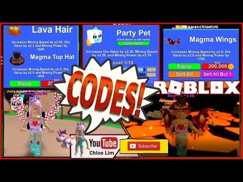 Chloe Tuber Roblox Mining Simulator Gameplay 4 New Codes Lava Wold Lava Hair Magma Wings Magma Top Hat And Party Pet - roblox mining simulator hat