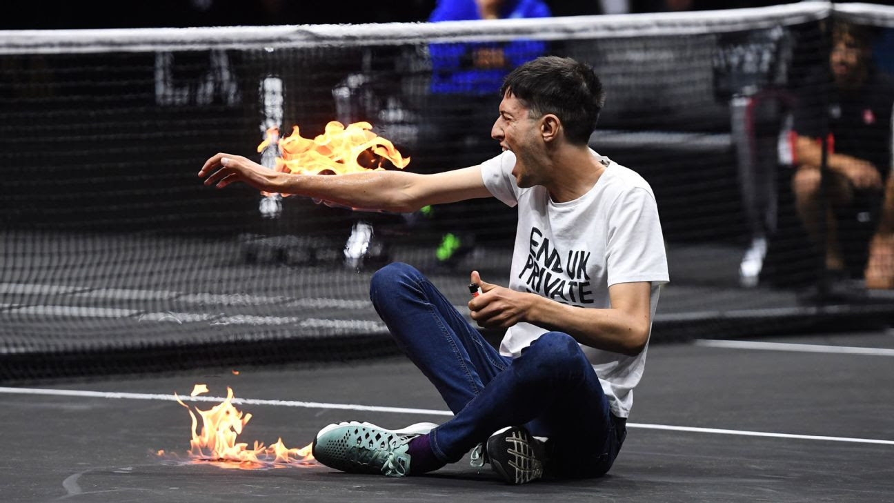 Laver Cup protester delays match after setting arm, court on fire