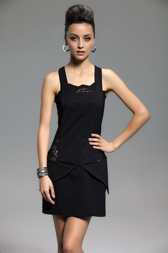 Flaps Detail Lace Sheath Tank Dress (Black)