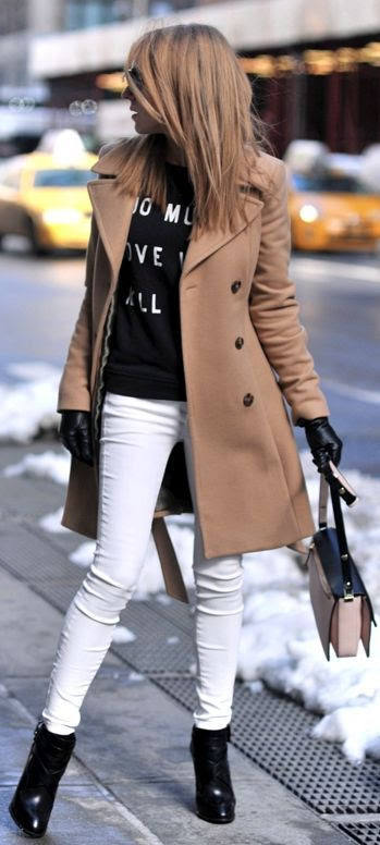 Fall/ winter outfit ideas. Camel pea coat. Black sweater/ ankle boots. White skinny pants. by Make Life Easier
