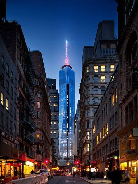 The 1 WTC's antenna spire shines above New York City's streets, on April 28, 2014. The 1 WTC's antenna spire shines above New York City's streets, on April 28, 2014.