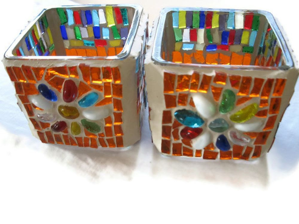 Candle holders Glass Mosaic Pair -FREE SHIPMENT - Margalita