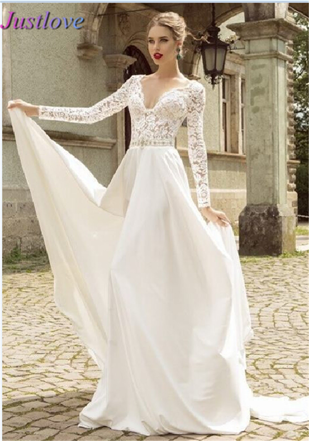 lace wedding dress 2015 women long sleeves romantic v neck