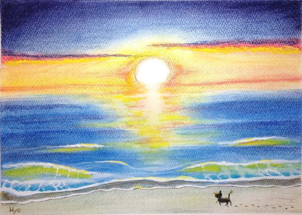 無料イラスト画像 最高の海 夕日 イラスト 色鉛筆