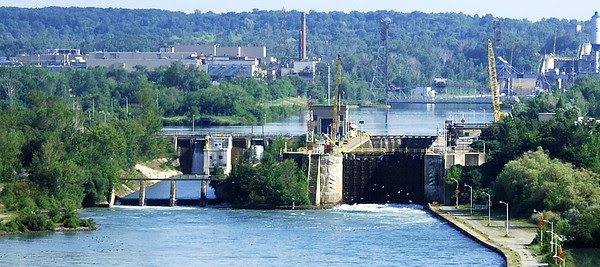 One of the locks located on the Welland Canal, a ship canal in Canada that extends 27 miles from Port Weller, Ontario, on Lake Ontario, to Port Colborne, Ontario, on Lake Erie. As a part of the St. Lawrence Seaway, this canal enables ships to ascend and descend the Niagara Escarpment and to bypass the Niagara Falls.