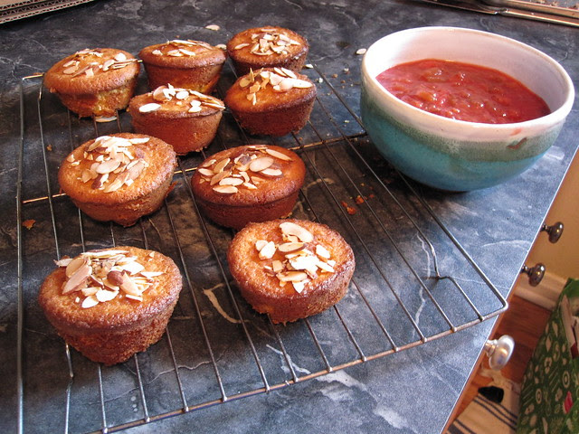 Almond cake with rhubarb strawberry compote