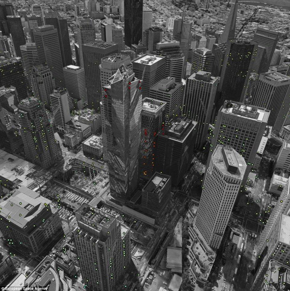 Data from the Sentinel-1 satellites acquired between 22 February 2015 and 20 September 2016 show that Millennium Tower in San Francisco is sinking by about 40 mm a year in the ¿line of sight¿ ¿ the direction that the satellite is ¿looking¿ at the building. This translates into a vertical subsidence of almost 50 mm a year, assuming no tilting, researchers say. The coloured dots represent targets observed by the radar. The colour scale ranges from 40 mm a year away from radar (red) to 40 mm a year towards radar (blue). Green represents stable targets.
