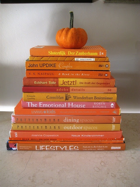 stacks of orange books
