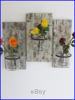 Pair Of Rustic Wood Wooden Wall Mounted Flower Jar Sconce Candle Holder Wall Candle Holders
