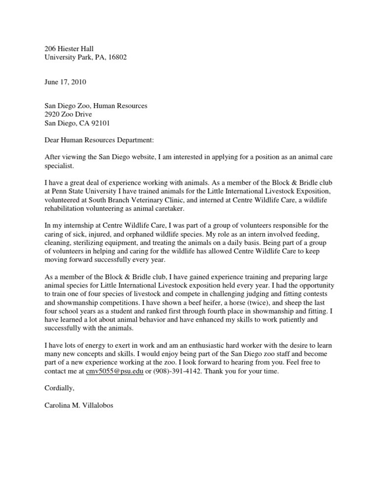Zoo Internship Cover Letter